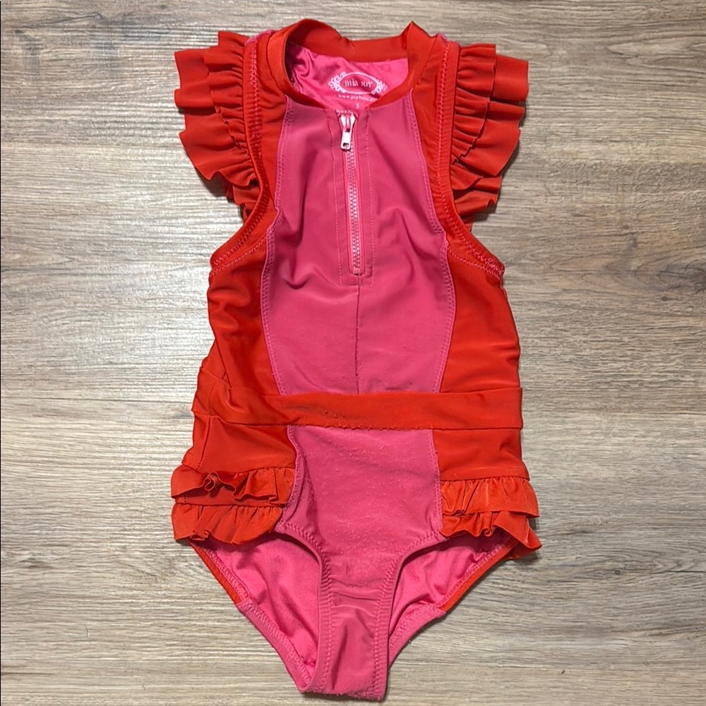 Mia Joy Kids Zipper Swim One Piece - Red and Pink Ruffle Details